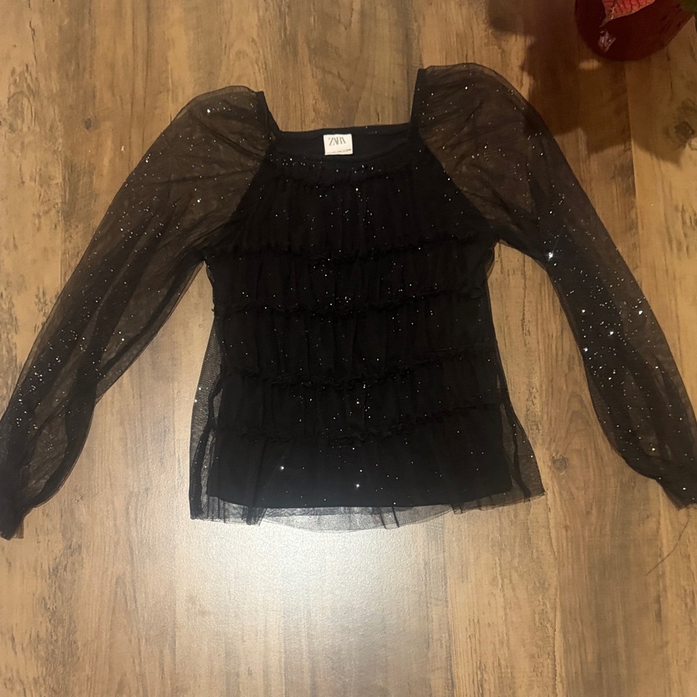 Zara Black Glitter Sheer Blouse